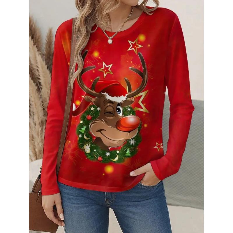 Women's Autumn 3D Animal Snowflake Print Crew Neck Long Sleeve T-Shirt
