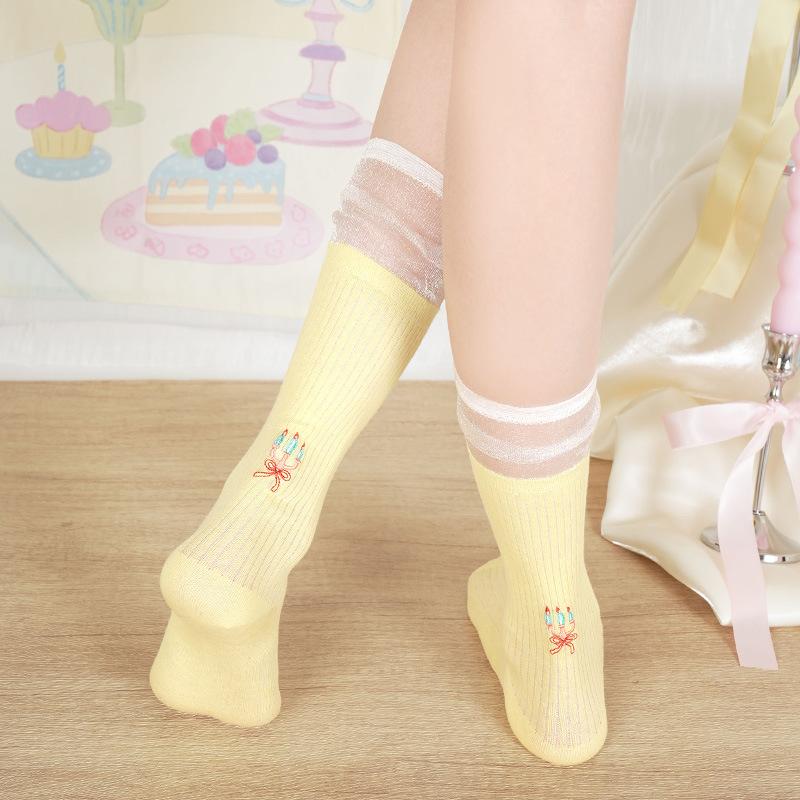 Summer Lightweight Women's Socks - Cute Animal Embroidery Glass Thread Mid-calf Stockings, Breathable Combed Cotton Edge Socks, Pile Socks