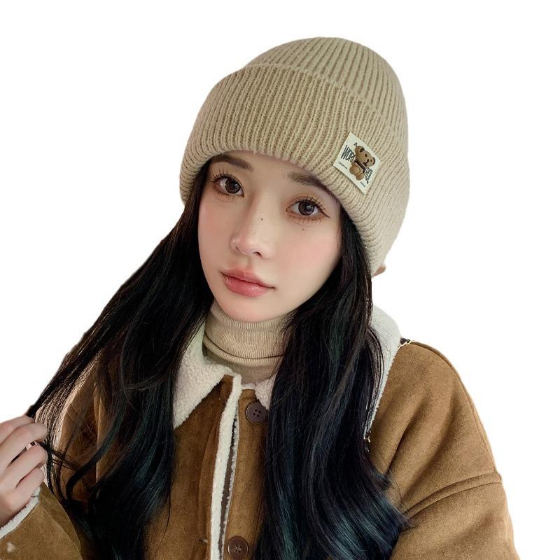 New Hat Female Cute Bear Knitted Wool Hat Solid Color Versatile Winter Thermal Hat Tide