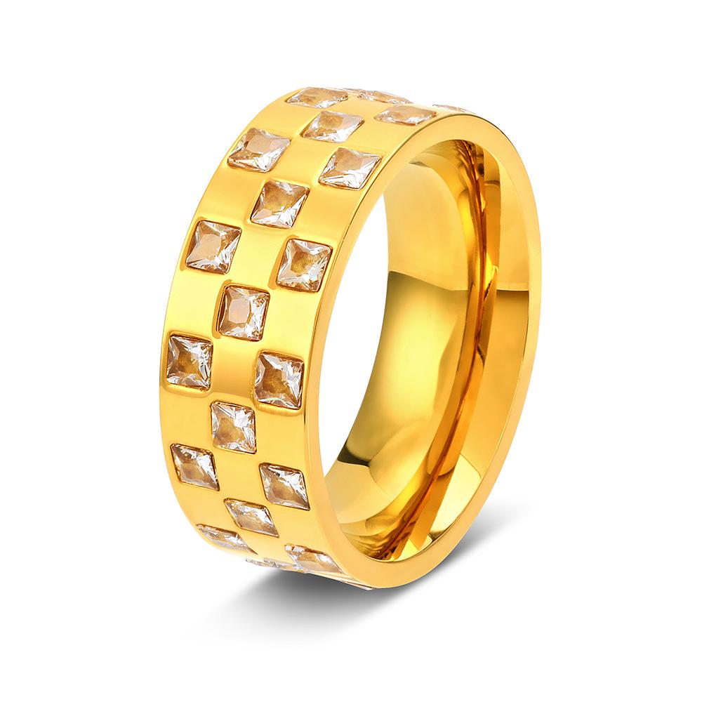 

Unisex Checkerboard Square Cubic Zirconia Ring: 18k Gold Electroplated Titanium Steel Full Circle Index Finger Ring Size 6 золотой
