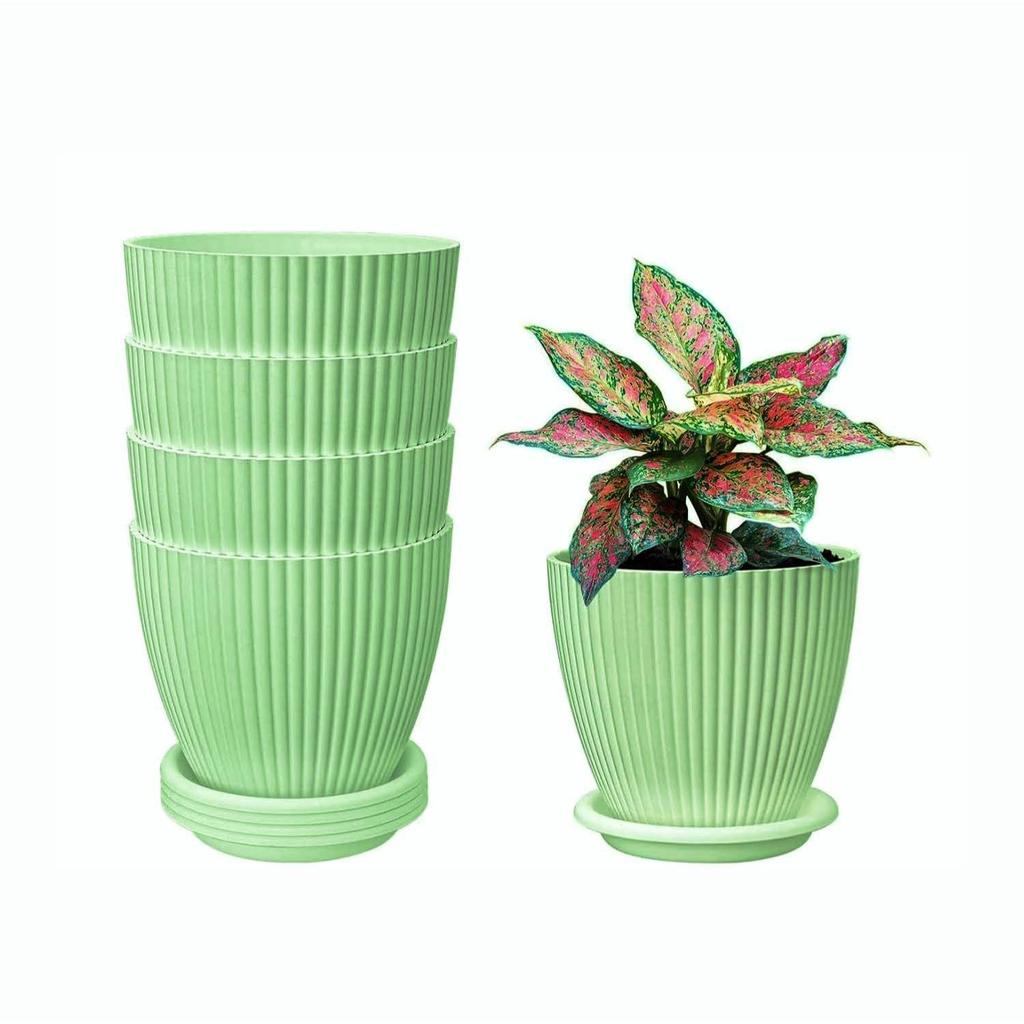 Plastic Round Flower Pots with Tray for Home Planters, Terrace, Garden Etc | Pack of 05 | Green | Size 6.5 Inch | for Home Indoor & Outdoor