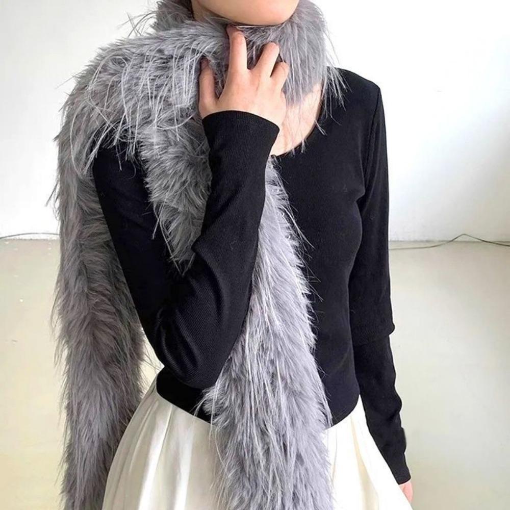 Super Dlouhý Plyšový Šátek z Imitace Kožešiny s Třásněmi Zimní Móda s Dopaminovým Plyšovým Peřím Nový Šátek