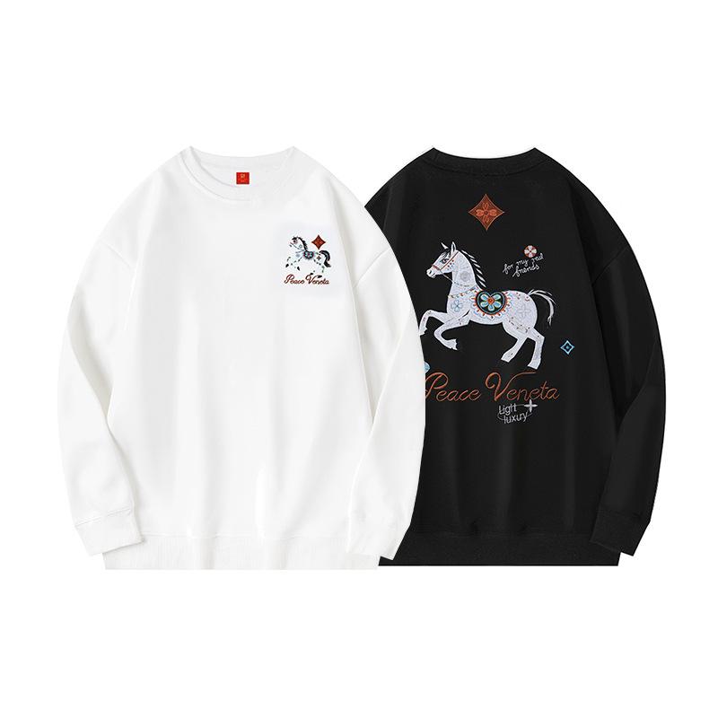 2026 Year of the Horse Color-Changing Embroidered Fleece Pullover - Trendy Round Neck Sweatshirt for Autumn/Winter