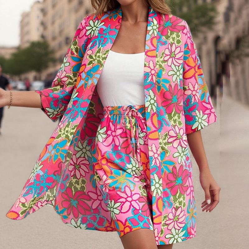 

ZANZEA Женская блузка с рукавом три четверти и короткими шортами, летний принт, Гавайи, комплекты из двух предметов S темно-розовый