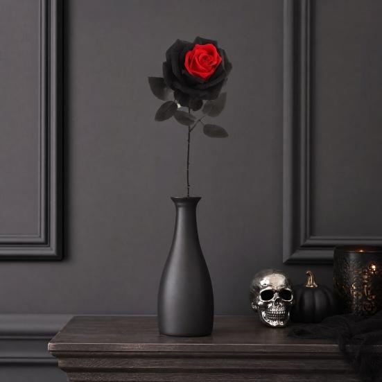 Flor de Rosa Artificial, Rosa Gótica Negra Roja de Seda Artificial con Tallo Largo para Arreglo Floral de Halloween, Centro de Mesa para Bodas en Casa