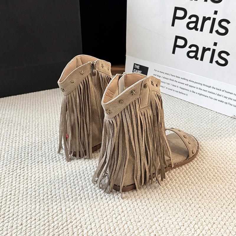 Fashion retro rivet fringed open-toed sandals women's summer new niche design versatile Roman cool boots tide