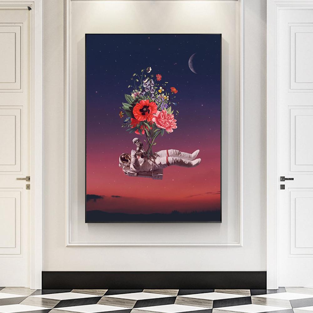 Astronaut Flower Field Painting Canvas Print Wall Art Poster Flourishing of Life Picture for Gift Living Room Home Decor Cuadros