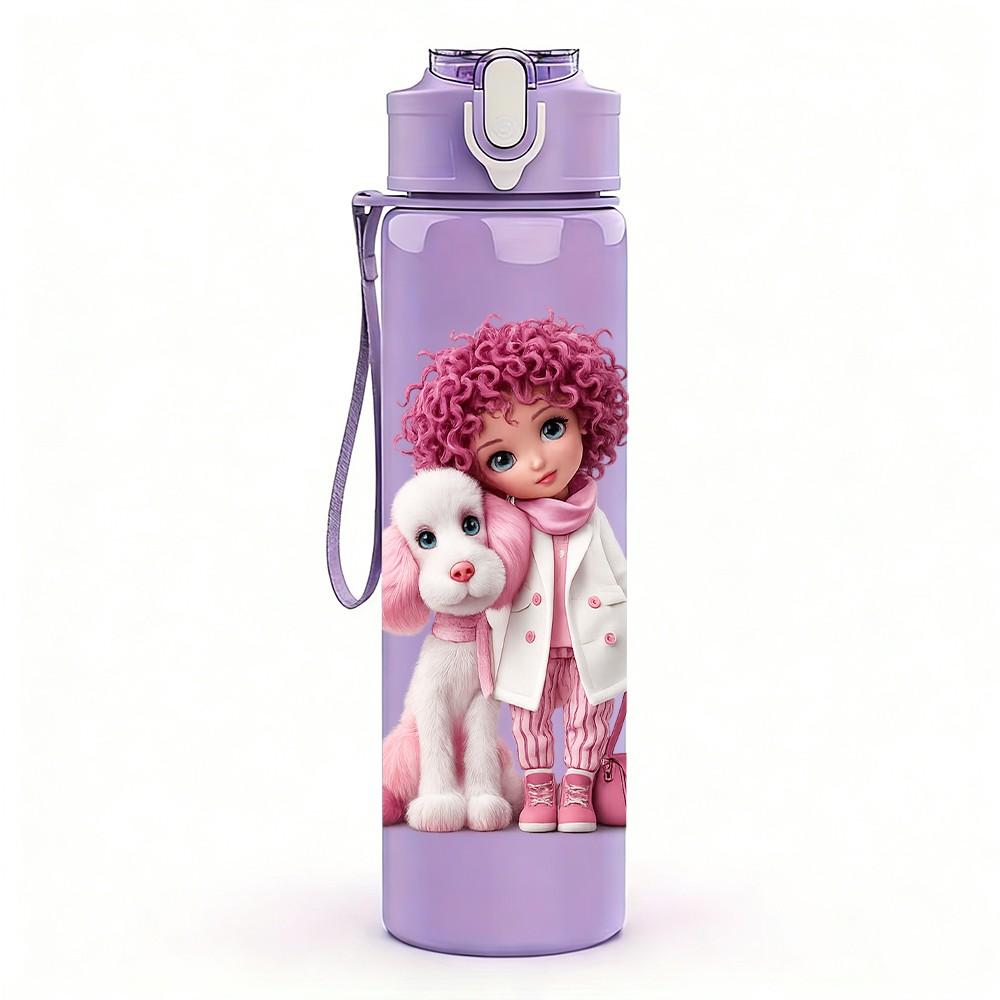 1PC Cute Pink Rag Doll Toy Art Print 750ml Color Plastic Sports Water Bottle Leakproof Flip Straw Lid Suitable for Sports Office Home Use