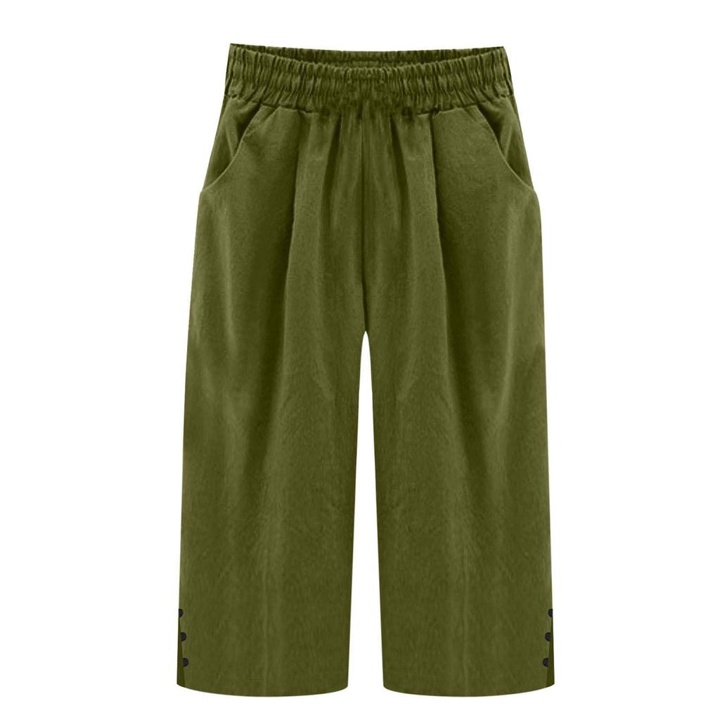 Damen Baumwoll-Leinen Cropped Hose Elastischer Bund Lässig Locker Strand Gerade Tasche Hose