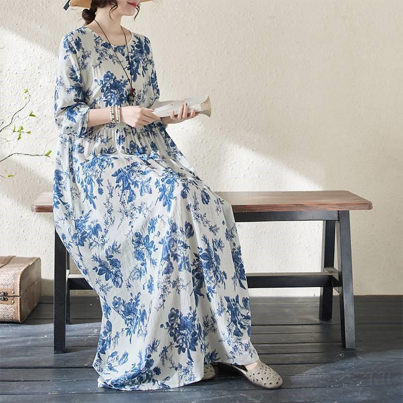 Johnature Woman Spring Long Sleeves Vintage Style Dress Chinese Style Casual Print O-Neck Loose Dress