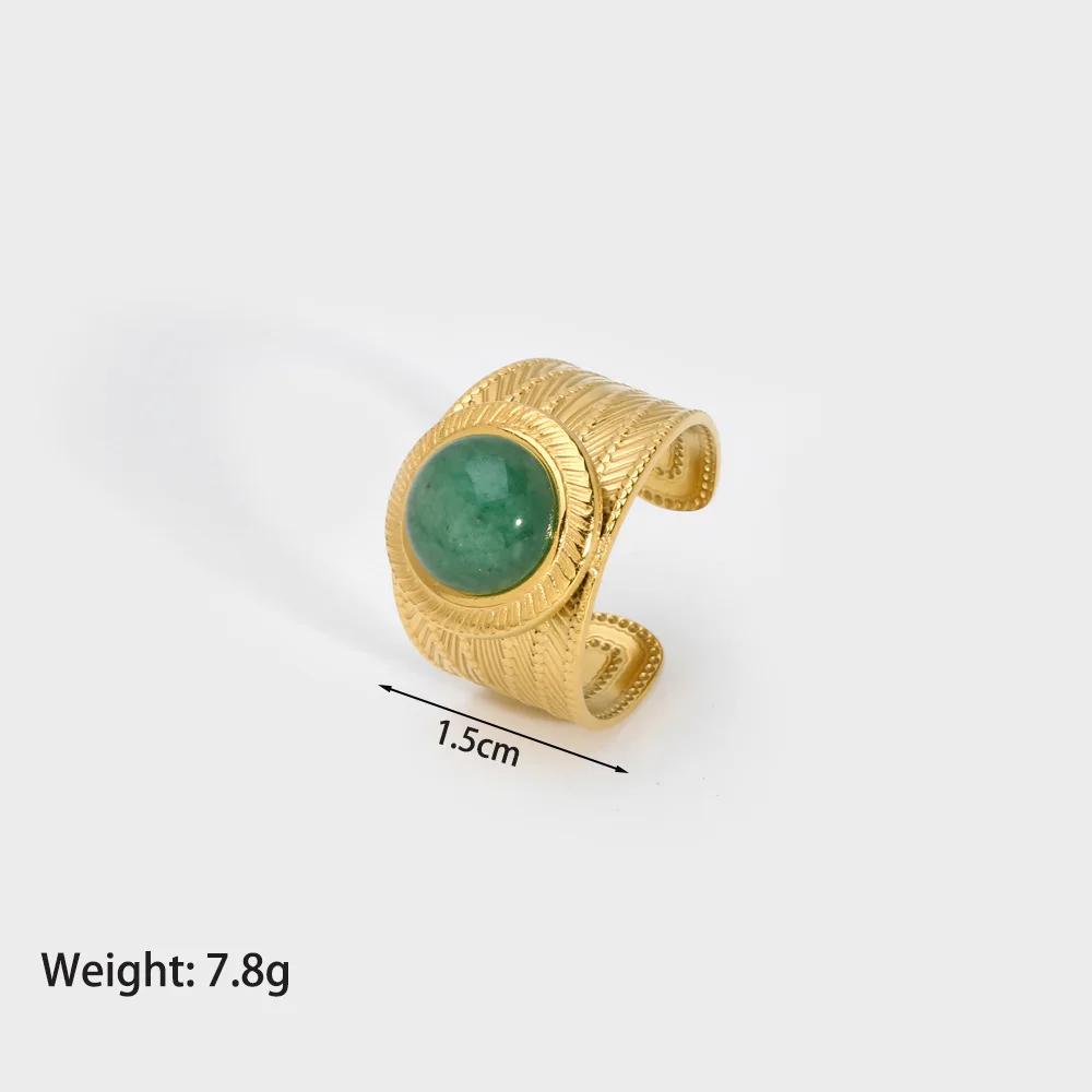 

Vintage Natural Stone Turquoise Open Rings 18K Gold Plated Stainless Steel Wide Chunky Finger Ring for Women Jewelry