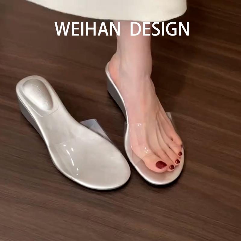 

Blue cabinet version! Round head open-toed transparent one-word with sandals, women wear wedge heel temperament one-word French cool slippers 35 серебряный