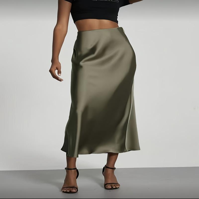 Elegant European-American Satin Midi Skirt with Slimming Drape