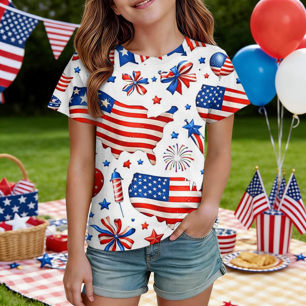 Kids Independence Day Print Round Neck Short Sleeve Casual T-shirt