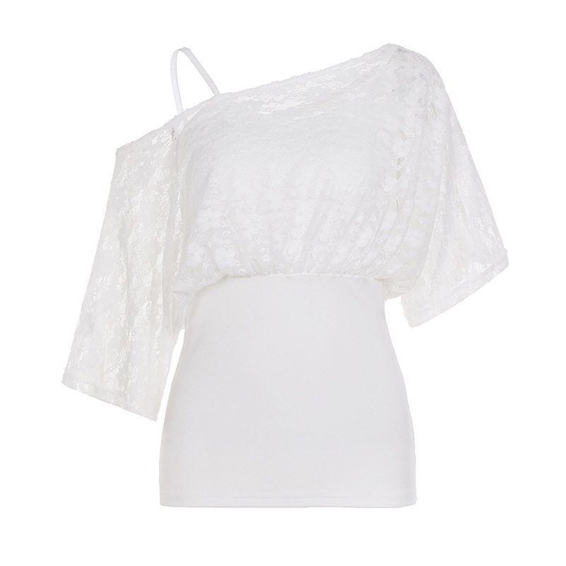 

French-Style Light Mature Style Faux Two-Piece Lace Patchwork Short-Sleeve Waist-Cinching T-Shirt with a Stylish Off-Shoulder Neckline Knit Top White S