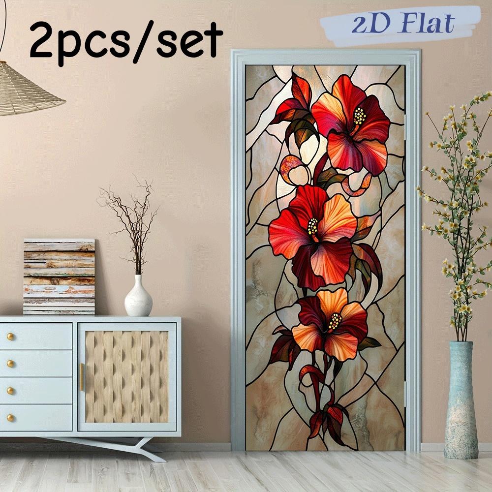 

2pcs Stained Glass Style Hibiscus Wall Stickers Red Orange Flower Pattern Waterproof Decorative Wall Stickers Suitable for Livin (as the picture,38.5x200cmx2)