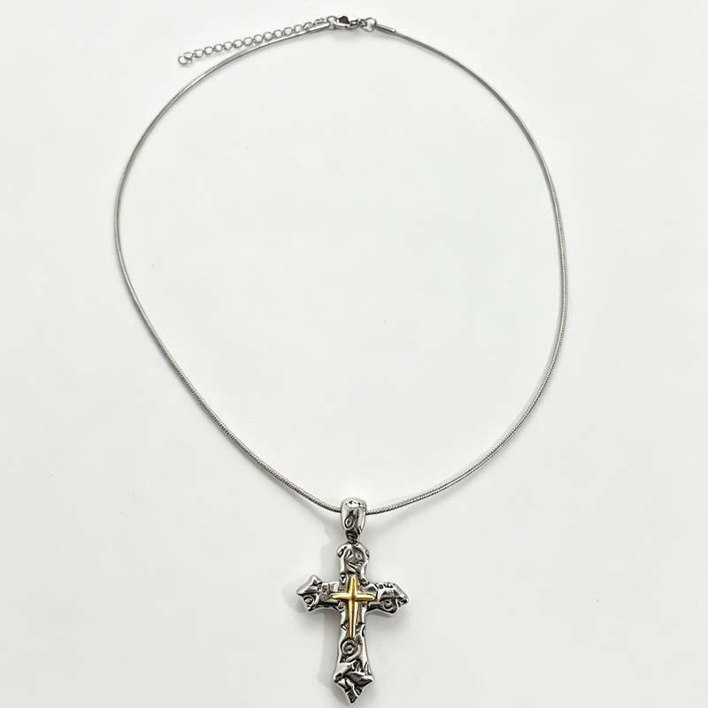 Vintage Graffiti Cross Necklace with Gold-Plated Rays - Unique Subculture Accessory