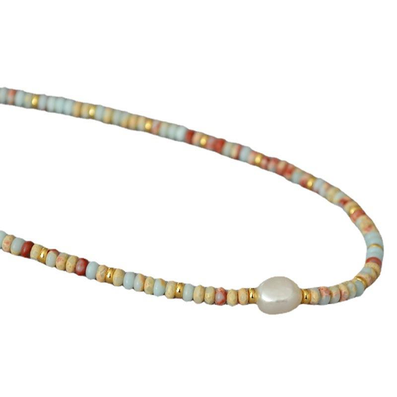 European and American Exotic Literary and Retro Ocean Vacation Wind Blue Pattern Stone Real Stone Beaded Necklace Temperament Woman