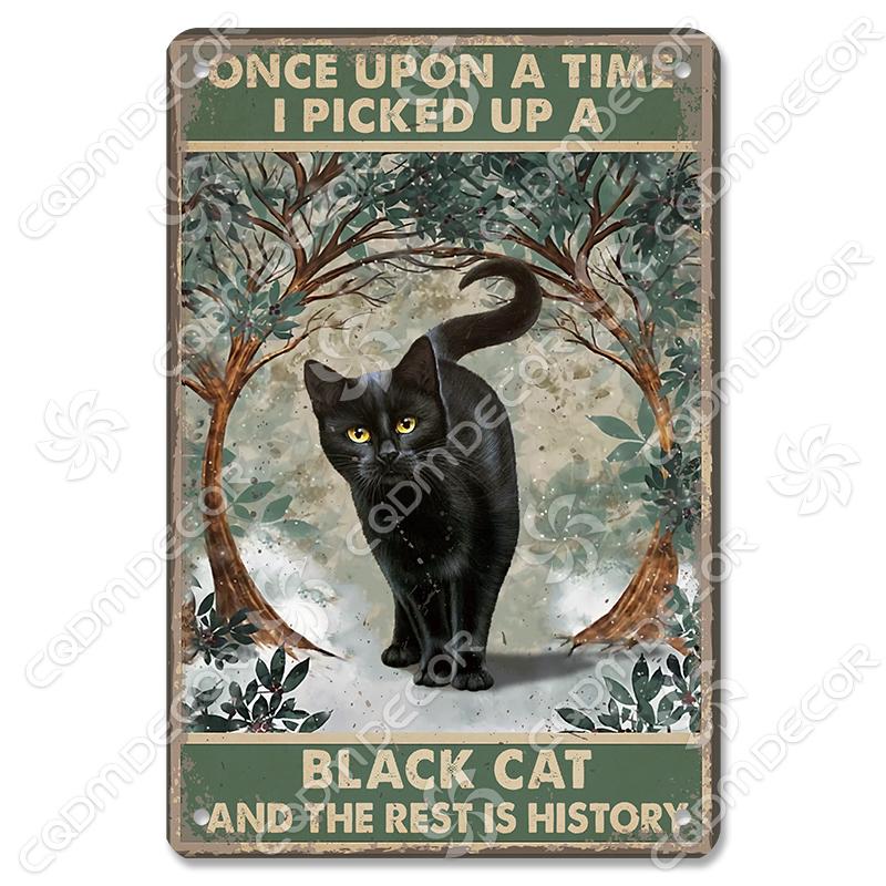 Black Cat Tin Sign Metal Plaque Read Books Drink Wine Pet Metal Poster Vintage Wall Decor for Coffee Shop Kitchen Bathroom Home