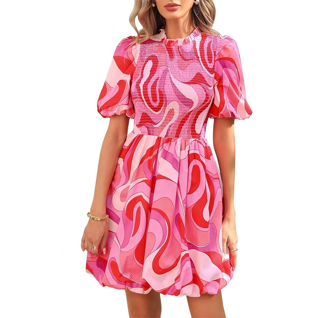 Women's Fashionable Solid Color Round Neck Bubble Short Sleeved Bohemian Pleated A-line Dress