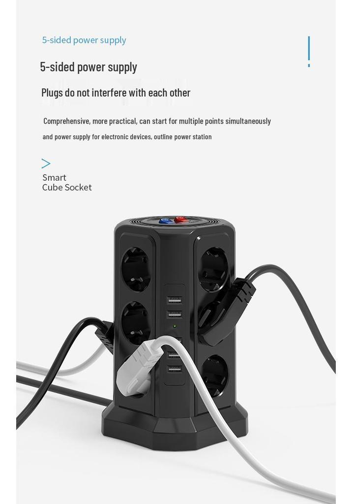 European Standard Power Strip: 3-Layer, 12 Sockets, USB, Extension Cord, Multi-Hole Plug Board