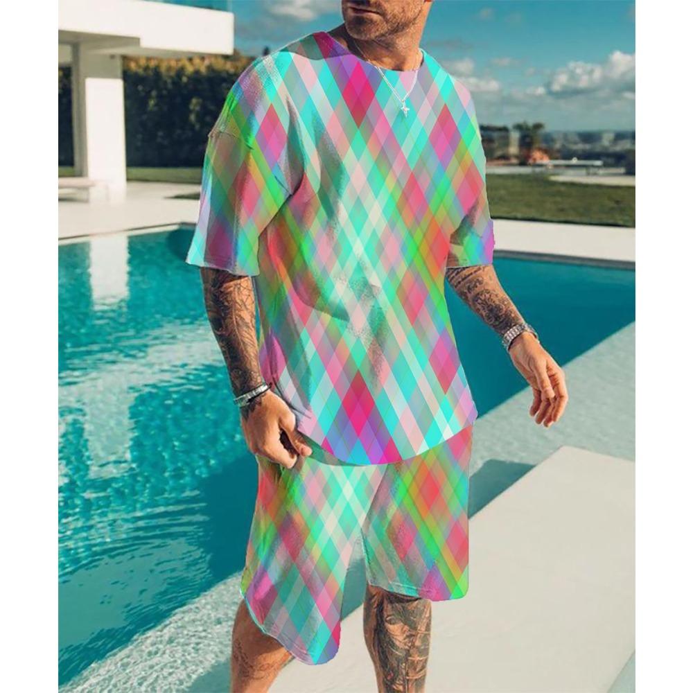 Summer Colorful Grid 3D Printed Short Sleeved Shorts Set Personalized Soft Comfortable Loose Breathable Plus Size Men's Sports Wear