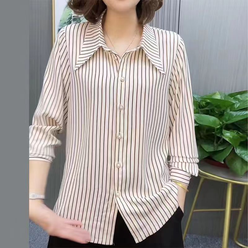 New Fashion Women's Stripe Shirt Spring/Summer Korean Long Sleeve Bottoming Blouse Turn Down Collar Top L-7XL