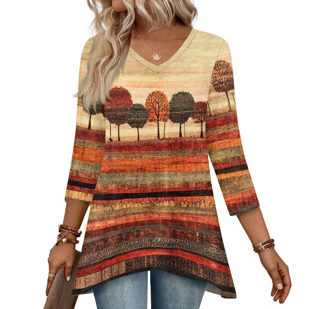 Dámské topy s výstřihem do V a 3/4 rukávem, ležérní košile střední délky, módní tuniky s potiskem