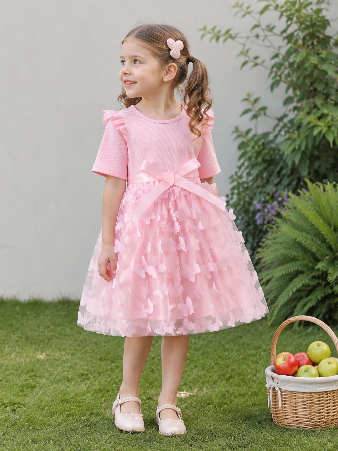 Kids Girls Pink Tulle Dress Butterfly Print Ruffle Sleeve Bow Waist Princess Dress for Birthday Party 1-2Y розовый