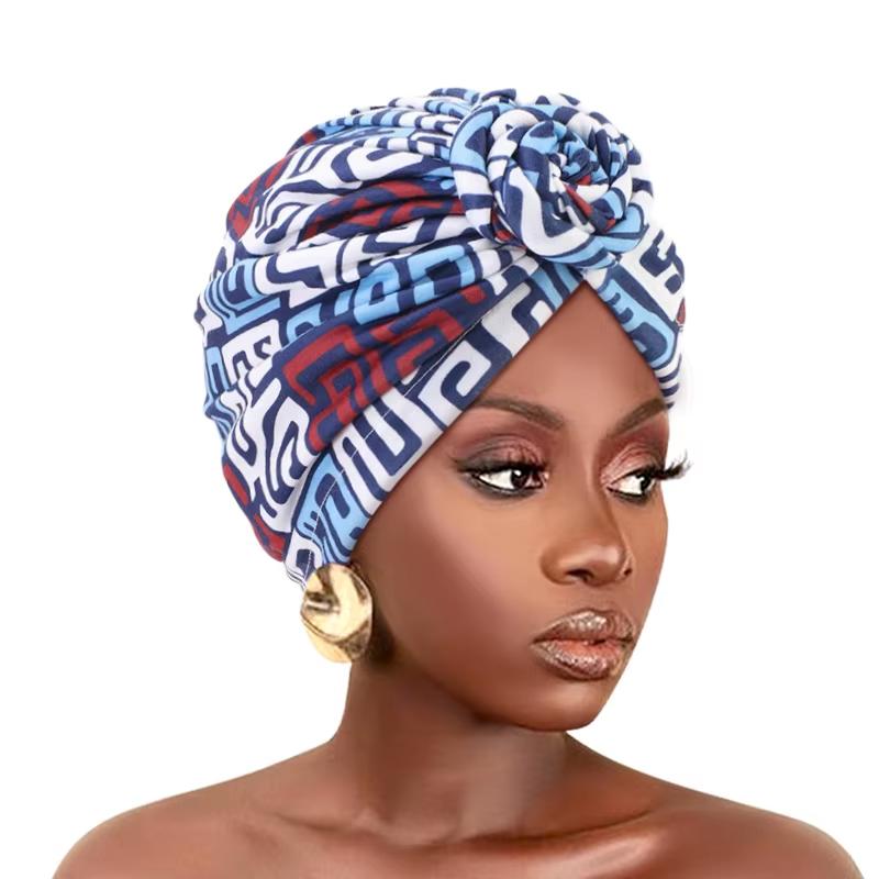 New Women African Print Pleated Turban Knotted Headwraps Elastic Head Scarf Floral Beanie Chemo Cap Bandana Headwear Hair Covers