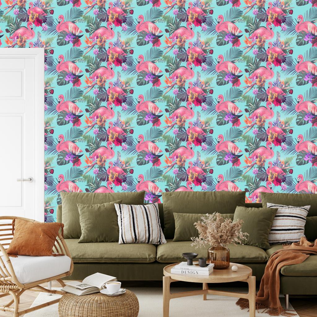 Flamingos flowers leaves and nature wallpaper for living room and bedroom 50x1000