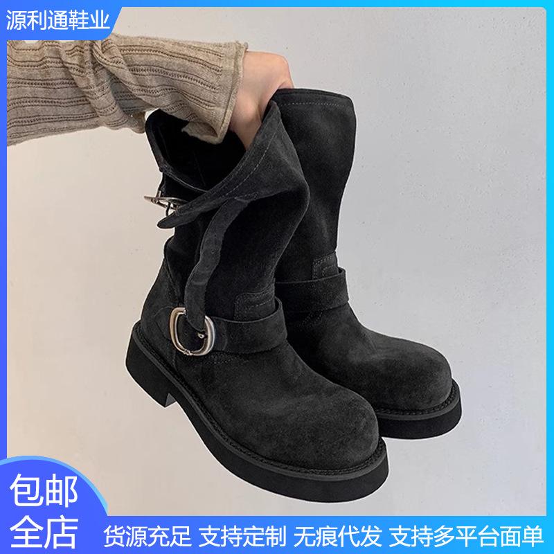 Yuanlitong autumn and winter new fashion medium tube stacking boots soft leather casual style Korean version women's boots wear sweet sister knight