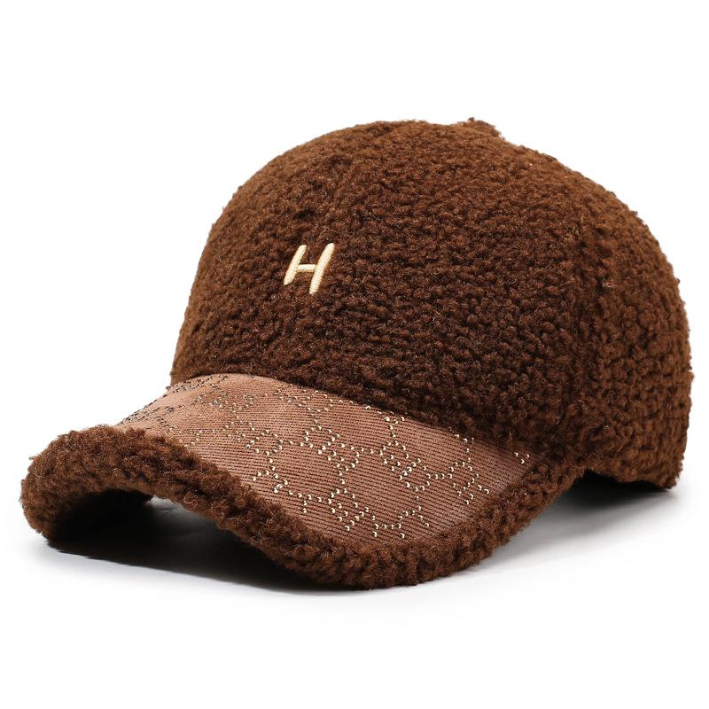 Autumn Winter Lamb Wool Baseball Cap Plush Warm Cap Large Head Circumference Embroidered Letter Cap