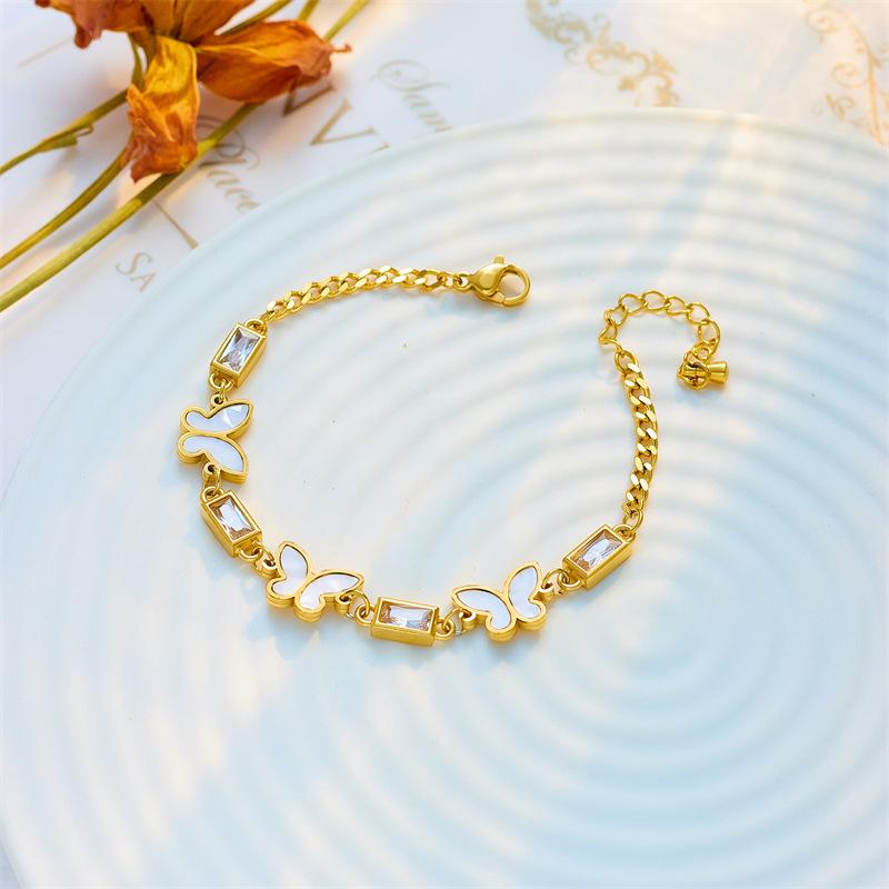 Gold Butterfly Shell Crystal Bracelet – Delicate Romantic Jewelry, Graceful Transformation Gift for Women