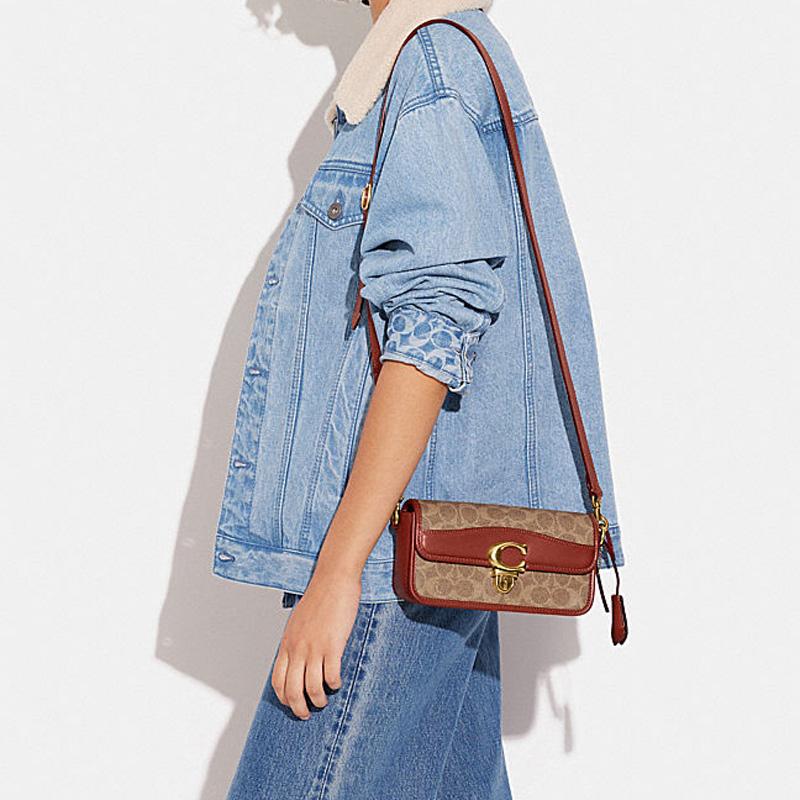 New COACH Studio Cow Leather Shoulder Bag, Small Square Bag, Handbag, Shoulder Bag, Crossbody Bag Women's Brown & Red CE764-B4NQ4