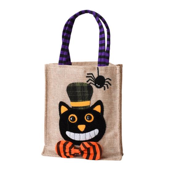 Kindergarten Activity Bags Halloween Candy with Handles, Non Woven Trick or Treat Totes Reusable Linen Sacks for Kids, Black Cat Pumpkin Ghost Goodie