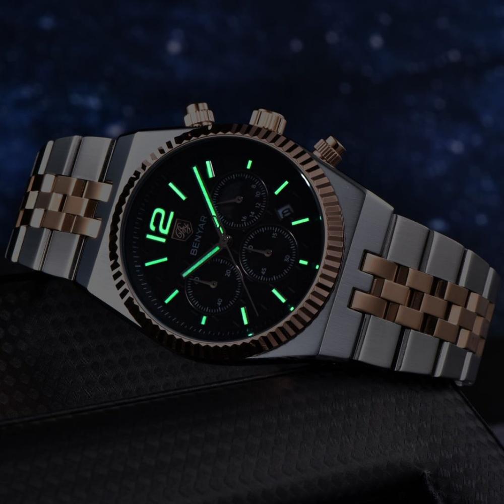 BENYAR BY-5225M 40MM New Original Design Honeycomb Pattern Dial Luxury Men Watch Stainless Steel Chronograph Quartz Watch