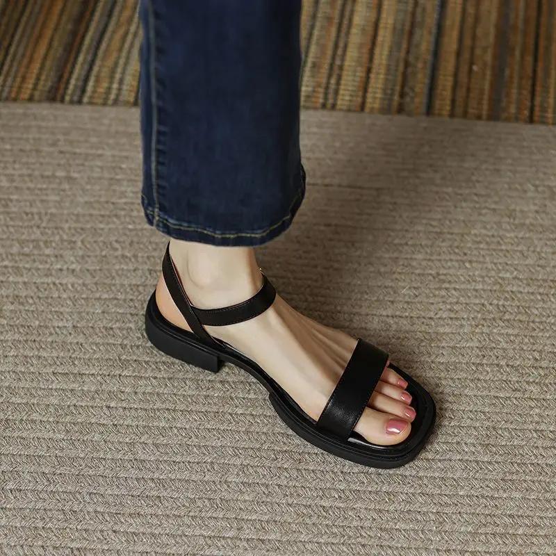 Fashion Flat Leather One Word Buckles Summer 2024 Sandals For Woman Footwear Open Toe With Low Heels Women's Shoes Young On Sale Offer H