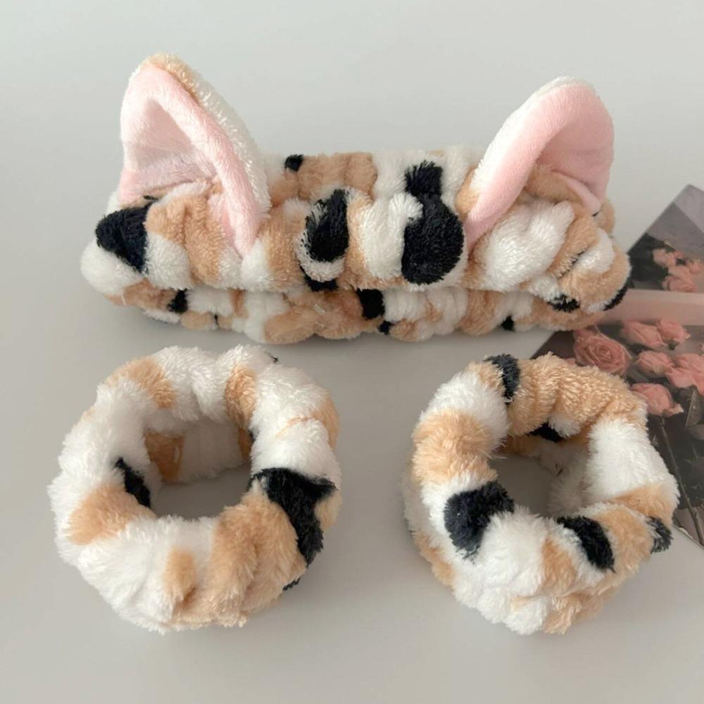 3pcs/set Leopard Print Cute Cat Ear Plush Headband Elastic Wrist Strap  For Women Girls