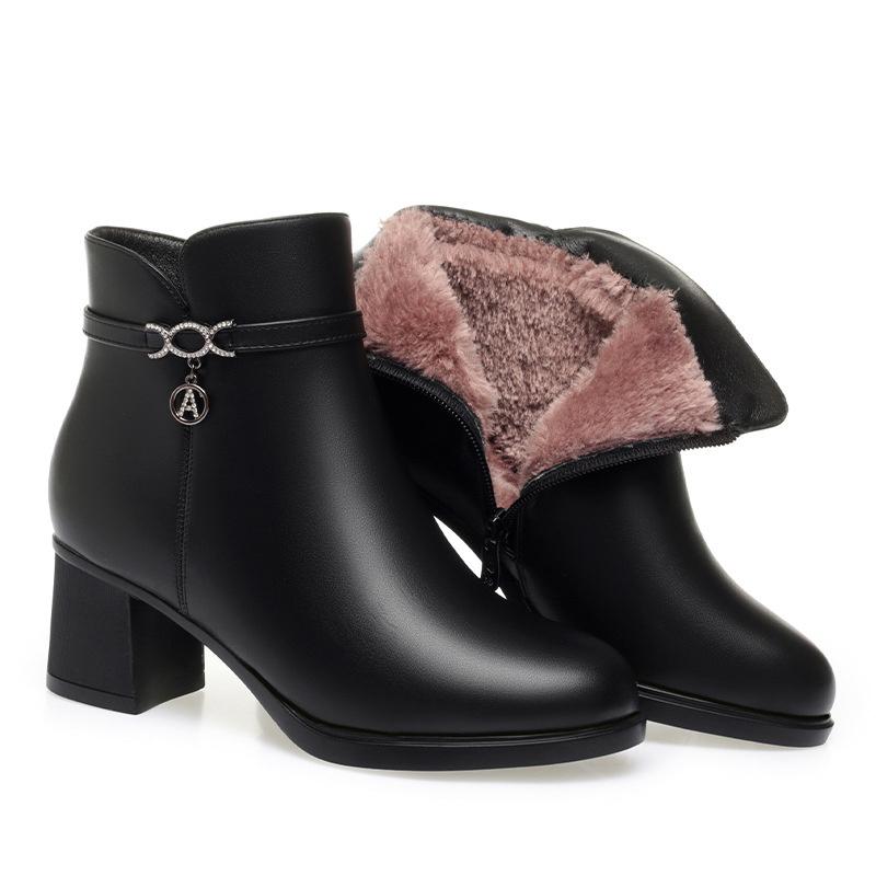New Fashion Women Soft Leather Ankle Boot High Heels Zipper Cotton Shoe Warm Plush Velvet Fur Winter Short Boots