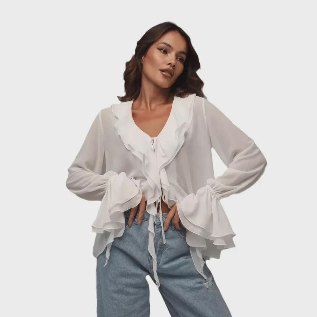 Jaro/Léto 2025 Volný kardigan se šněrováním a volány pro ženy