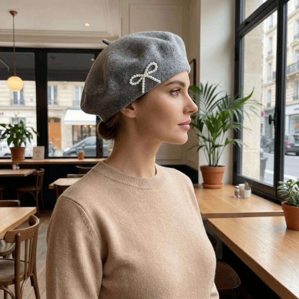 Solid Color Wool Beret Knitted Beanie Cap Sweet Bow Beret  Autumn