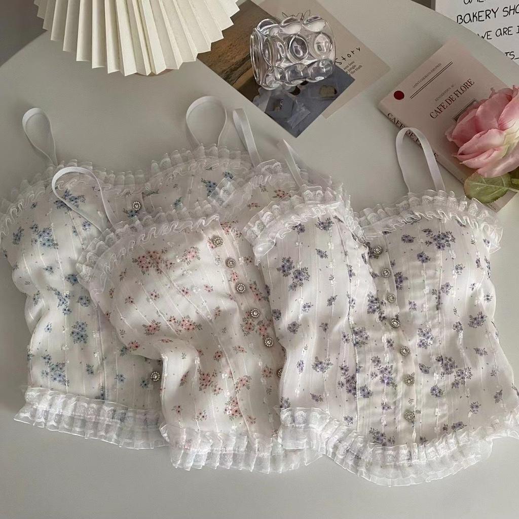 Florale Tube-Tops, französisches Camisole mit Ohrensaum aus Holz, atmungsaktive Tanktops aus Spitze für Damen, schöne Unterwäsche für den Sommer
