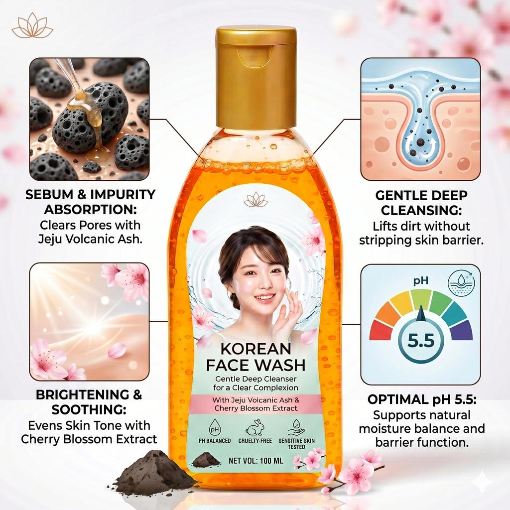 Korean Face Wash with Jeju Volcanic Ash & Cherry Blossom Extract | Gentle Deep Cleanser for Clear Complexion | PH Balanced | For All Skin | 100 ML