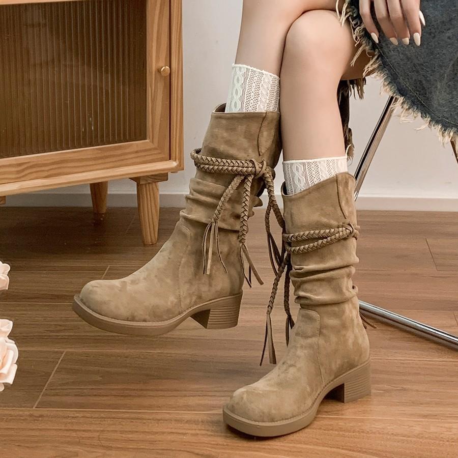 Soft Leather Version~ Thick-soled Boots Female Waste Retro Style Knight Boots Frosted Fringed Hemp Rope Casual Thick Heel Medium Boots