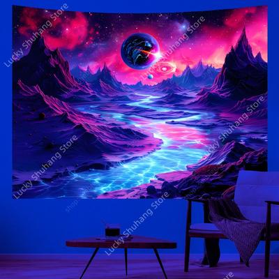 Planet UV Reactive Tapestry Psychedelic Mountain and River Neon Art Wall Tapestry for Bedroom Aesthetic Dorm Party Decor Curtain