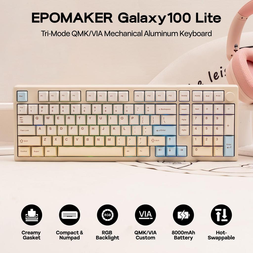 EPOMAKER Galaxy100 Lite Gaming 1800 Aluminum Mechanical Keyboard with Numeric 8000mAh Hot Creamy Key RGB Gasketed Construction Marble White QMK/VIA