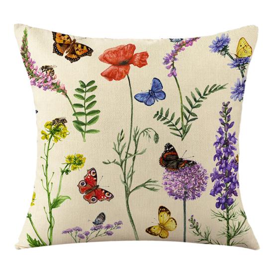 Floral Cushion Cover, 18x18 Inch Decorative Throw Pillow Cover with Hidden Zipper, Plant Insect Flower Patterns, Cushion Case for Sofa Car Home Decor