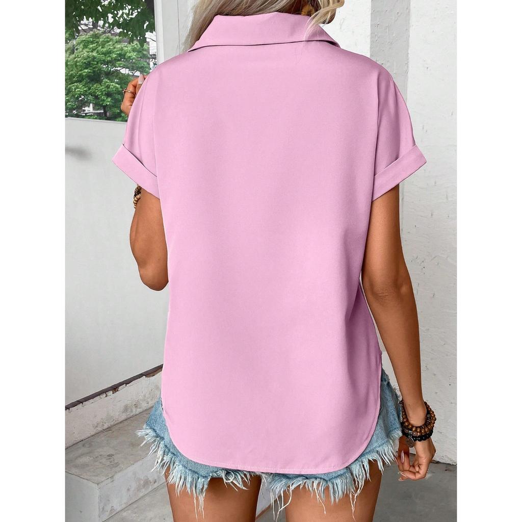 IHUASU Unifarben mit Schnalle Revers Schulter Falten Tasche Einsatz Schulter Kurzarm Top Zoll T-Shirt Frau