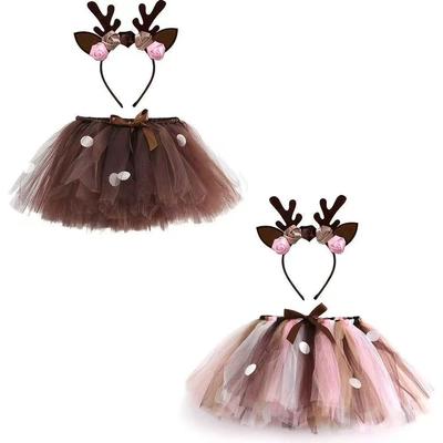 Χριστουγεννιάτικα Παιδικά Ρούχα Χριστουγεννιάτικο Πάρτι Καρναβάλι Παιδική Τούλινη Τούτου Φούστα Στεφάνι με Λουλούδια και Ελάφι